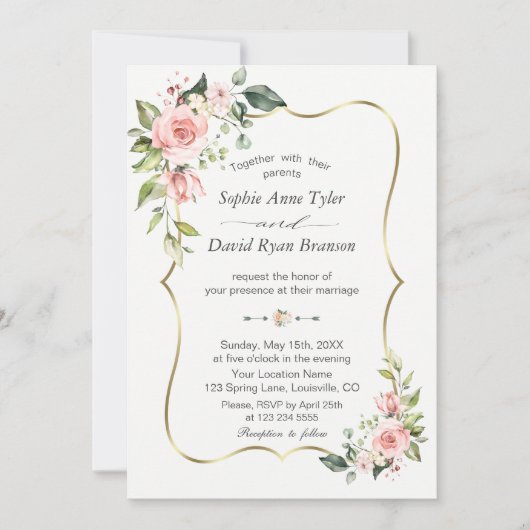 Elegant Pink Blush Flowers Gold Lijst Weddenschap Kaart (Voorkant)