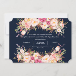 Elegant Pink Blush Flowers Navy Blue Wedding Kaart