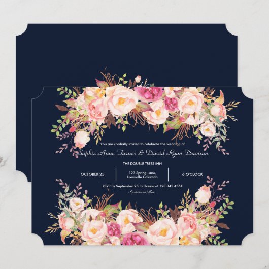 Elegant Pink Blush Flowers Navy Blue Wedding Kaart (Voorkant / Achterkant)