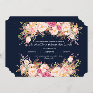 Elegant Pink Blush Flowers Navy Blue Wedding Kaart