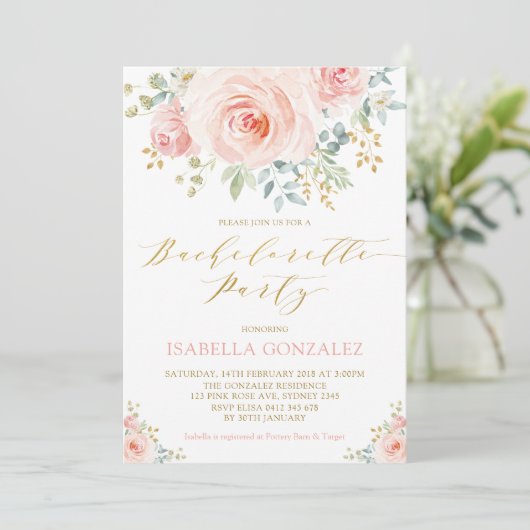 Elegant Pink Blush Gold Floral Bachelorette Party Kaart (Staand voorkant)