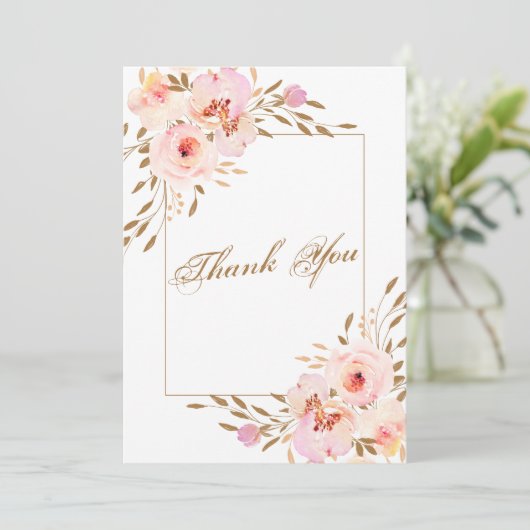 Elegant Pink Blush Gold Floral Weddenfoto Bedankkaart (Staand voorkant)