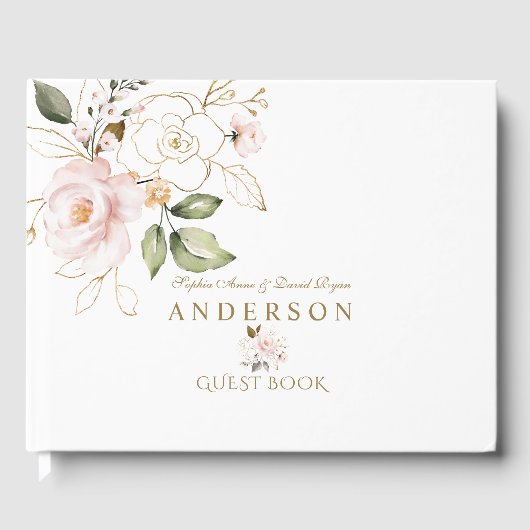 Elegant Pink Blush Gold Flowers Monogram Weddensch Gastenboek (Voorkant)