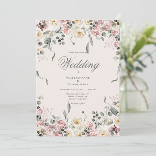 Elegant Pink Blush Ivory Floral Wedding Kaart (Staand voorkant)