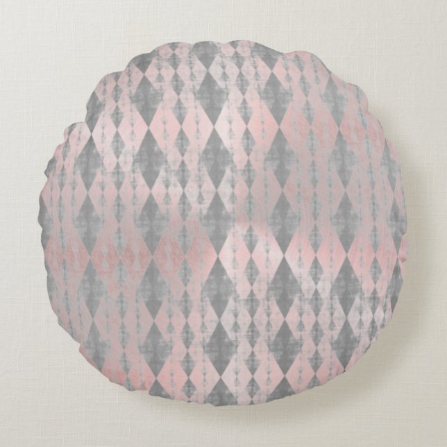 Elegant Pink Blush Silver Harlequin Rond Kussen (Voorkant)