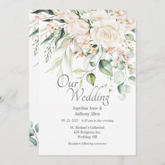 Elegant Pink Blush Waterverf Floral Wedding Kaart (Voorkant / Achterkant)