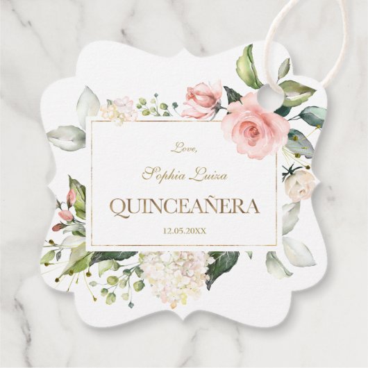 Elegant Pink Blush White Flowers Gold Quinceañera Bedankjes Labels (Achterkant)