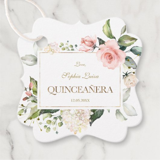 Elegant Pink Blush White Flowers Gold Quinceañera Bedankjes Labels (Voorkant)