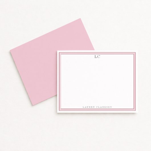 Elegant Pink Border Monogram Stationery Note Card Kaart