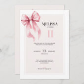 Elegant Pink Bow 11th Birthday Invitation Kaart (Voorkant / Achterkant)