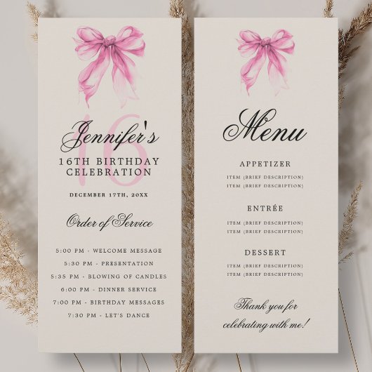 Elegant Pink Bow 16th Birthday Party Program Menu Kaart