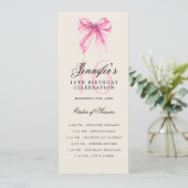 Elegant Pink Bow 16th Birthday Party Program Menu Kaart (Staand voorkant)