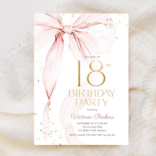 Elegant Pink Bow 18th Birthday Invitation Kaart