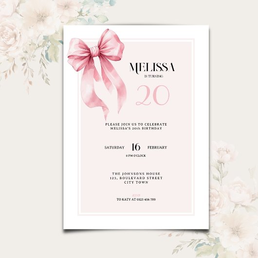 Elegant Pink Bow 20th Birthday Invitation Kaart