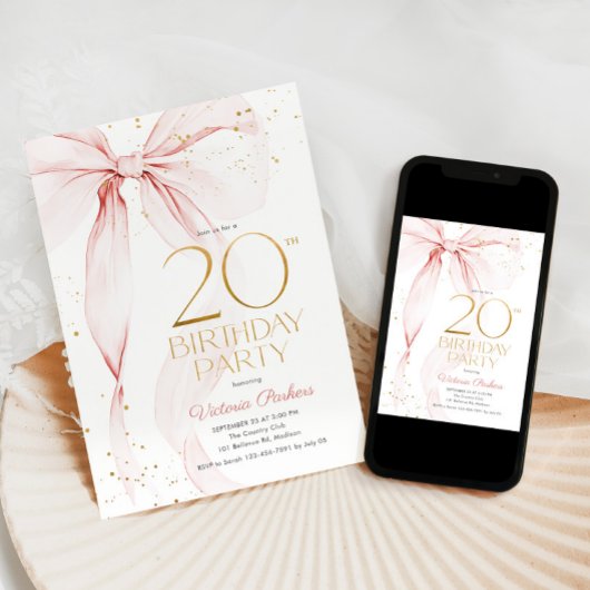 Elegant Pink Bow 20th Birthday Invitation Kaart