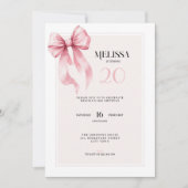 Elegant Pink Bow 20th Birthday Invitation Kaart (Voorkant)