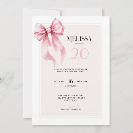Elegant Pink Bow 20th Birthday Invitation Kaart (Voorkant)