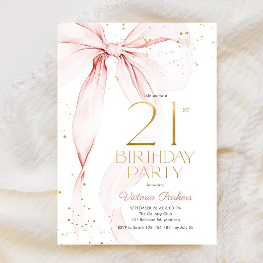 Elegant Pink Bow 21st Birthday Invitation Kaart