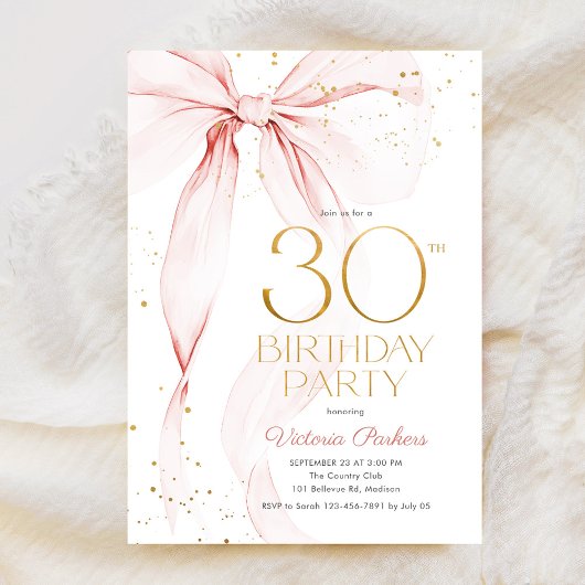 Elegant Pink Bow 30th Birthday Invitation Kaart