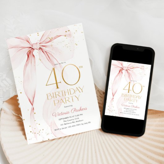Elegant Pink Bow 40th Birthday Invitation Kaart