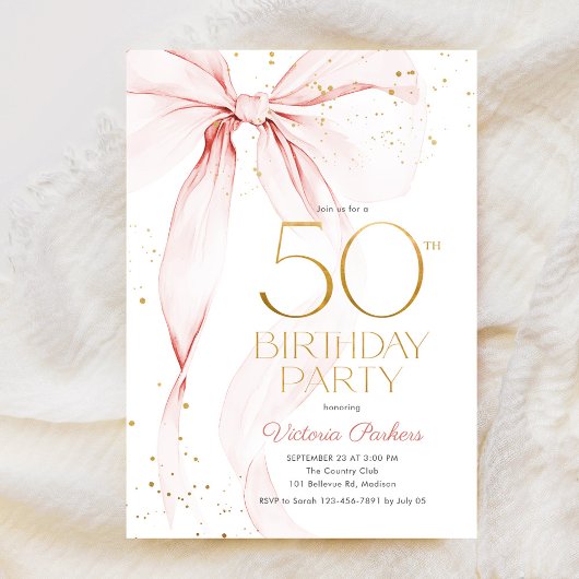 Elegant Pink Bow 50th Birthday Invitation Kaart