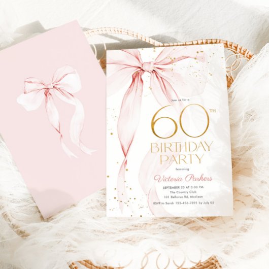 Elegant Pink Bow 60th Birthday Invitation Kaart