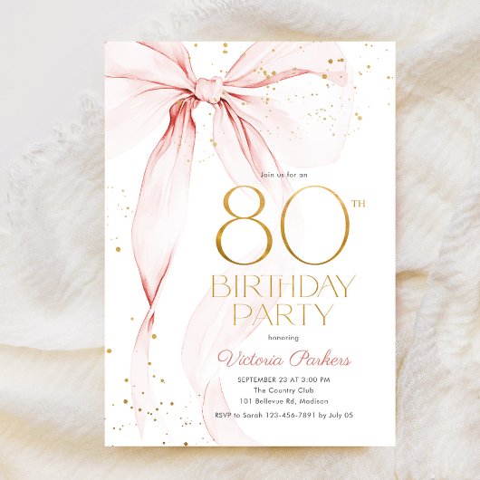Elegant Pink Bow 80th Birthday Invitation Kaart