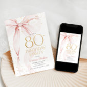 Elegant Pink Bow 80th Birthday Invitation Kaart