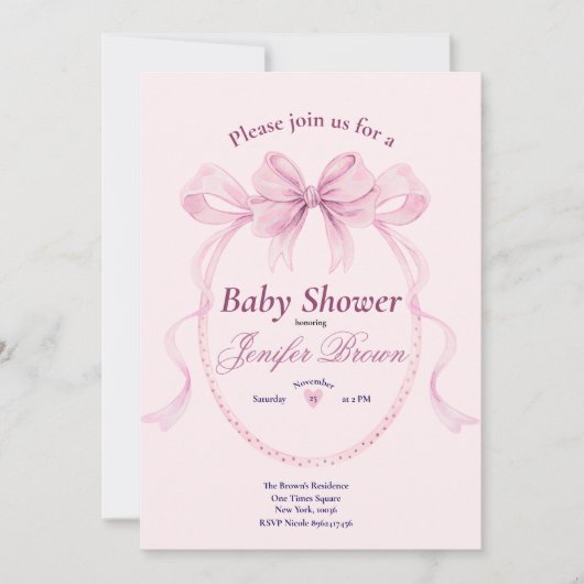 Elegant Pink Bow Baby Shower Invitation for Girl Kaart (Voorkant)