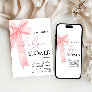Elegant Pink Bow Baby Shower Invitation Kaart