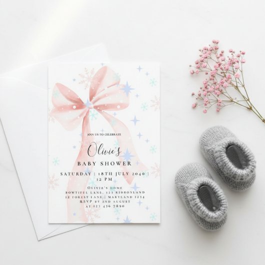 Elegant Pink Bow Baby Shower Invitation Kaart