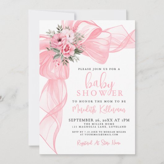 Elegant Pink Bow Baby Shower Kaart (Voorkant)