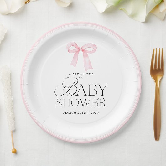 Elegant Pink Bow Baby Shower  Papieren Bordje