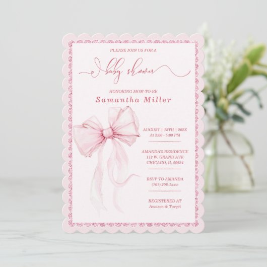 Elegant Pink Bow Baby shower voor meisjes Kaart (Staand voorkant)