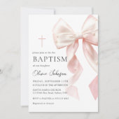 Elegant Pink Bow Baptism Girl Invitation Kaart (Voorkant)