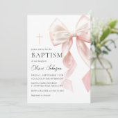 Elegant Pink Bow Baptism Girl Invitation Kaart (Staand voorkant)