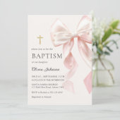 Elegant Pink Bow Baptism Girl Invitation Kaart (Staand voorkant)