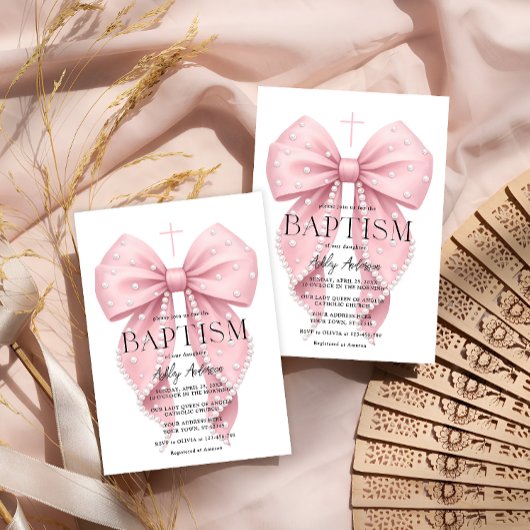 Elegant Pink Bow Baptism Girl Invitation Kaart