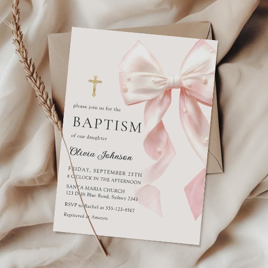 Elegant Pink Bow Baptism Girl Invitation Kaart