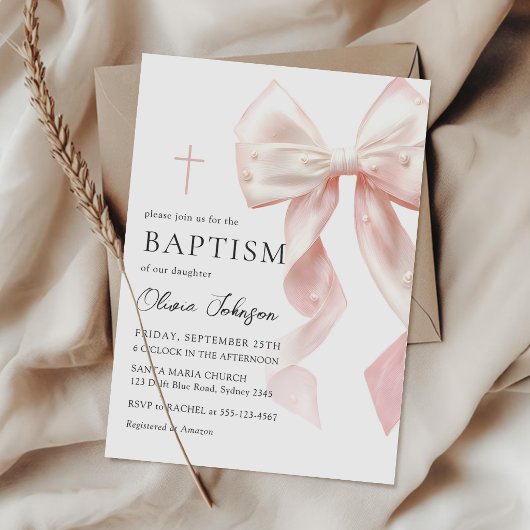 Elegant Pink Bow Baptism Girl Invitation Kaart