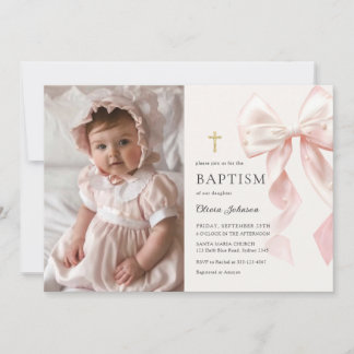 Elegant Pink Bow Baptism Girl Photo Invitation Kaart