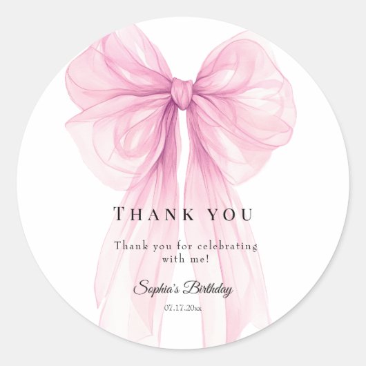 Elegant Pink Bow Birthday  Watercolor Ronde Sticker (Voorkant)