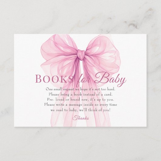 Elegant Pink Bow Books for Baby Request Card Informatiekaartje (Voorkant)