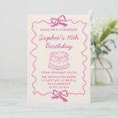 Elegant Pink Bow & Cake Sweet 16 Birthday Party Kaart (Staand voorkant)