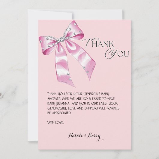 Elegant Pink Bow Coquette baby shower bedankt Kaart (Voorkant)