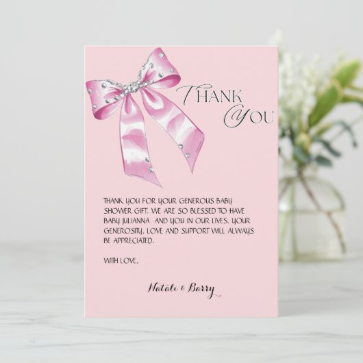 Elegant Pink Bow Coquette baby shower bedankt Kaart (Staand voorkant)
