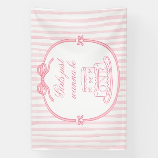 Elegant Pink Bow Coquette Girl 1st Birthday  Spandoek (Verticaal)
