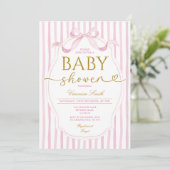 Elegant Pink Bow Coquette Girl Baby Shower Stripe Kaart (Staand voorkant)
