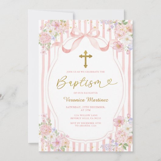 Elegant Pink Bow Coquette Girl Baptism Floral Gold Kaart (Voorkant)