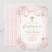 Elegant Pink Bow Coquette Girl Baptism Floral Gold Kaart (Voorkant / Achterkant)